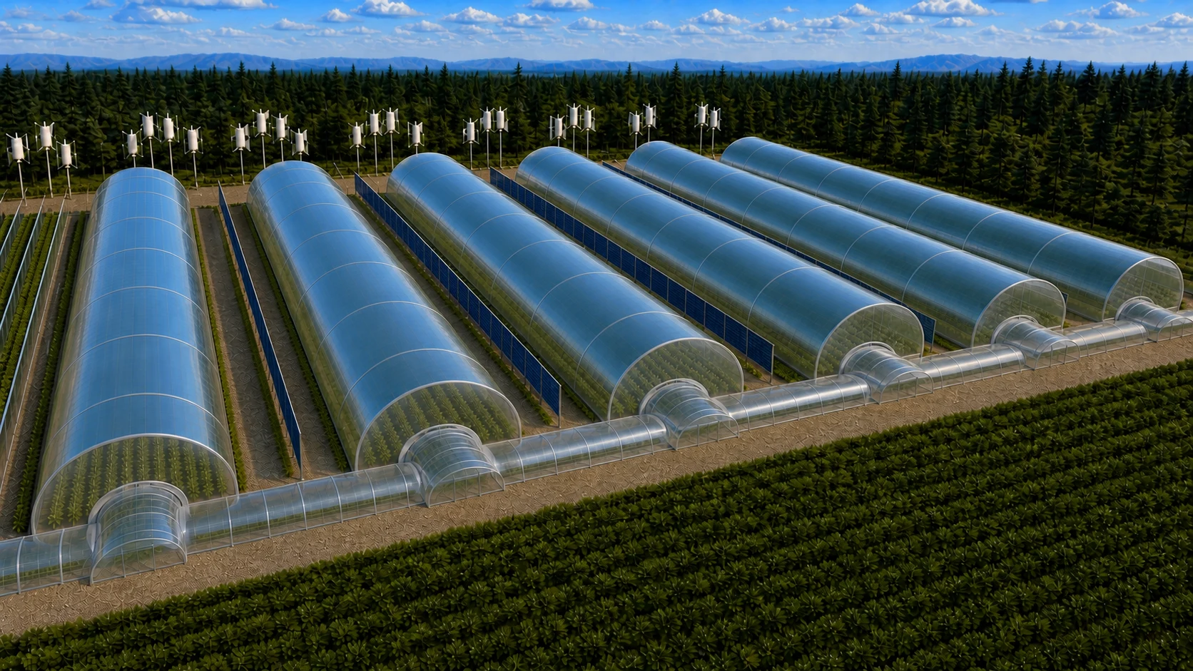 Vue oblique nord d’un complexe de dômes AEC transparents reliés par un corridor transversal en ETFE, dont les prolongements traversent les murs d’extrémité et pénètrent dans chaque dôme