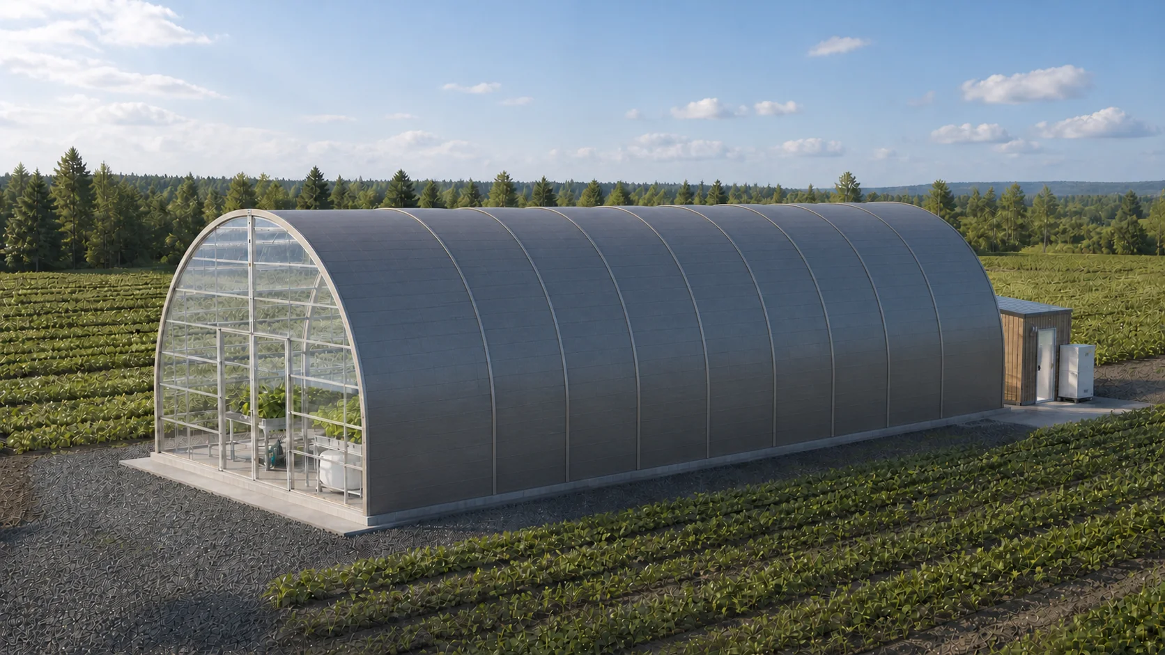 Concept de Dôme solaire AEC en demi-cercle parfait avec moitié sud transparente et mur-toit nord opaque isolé