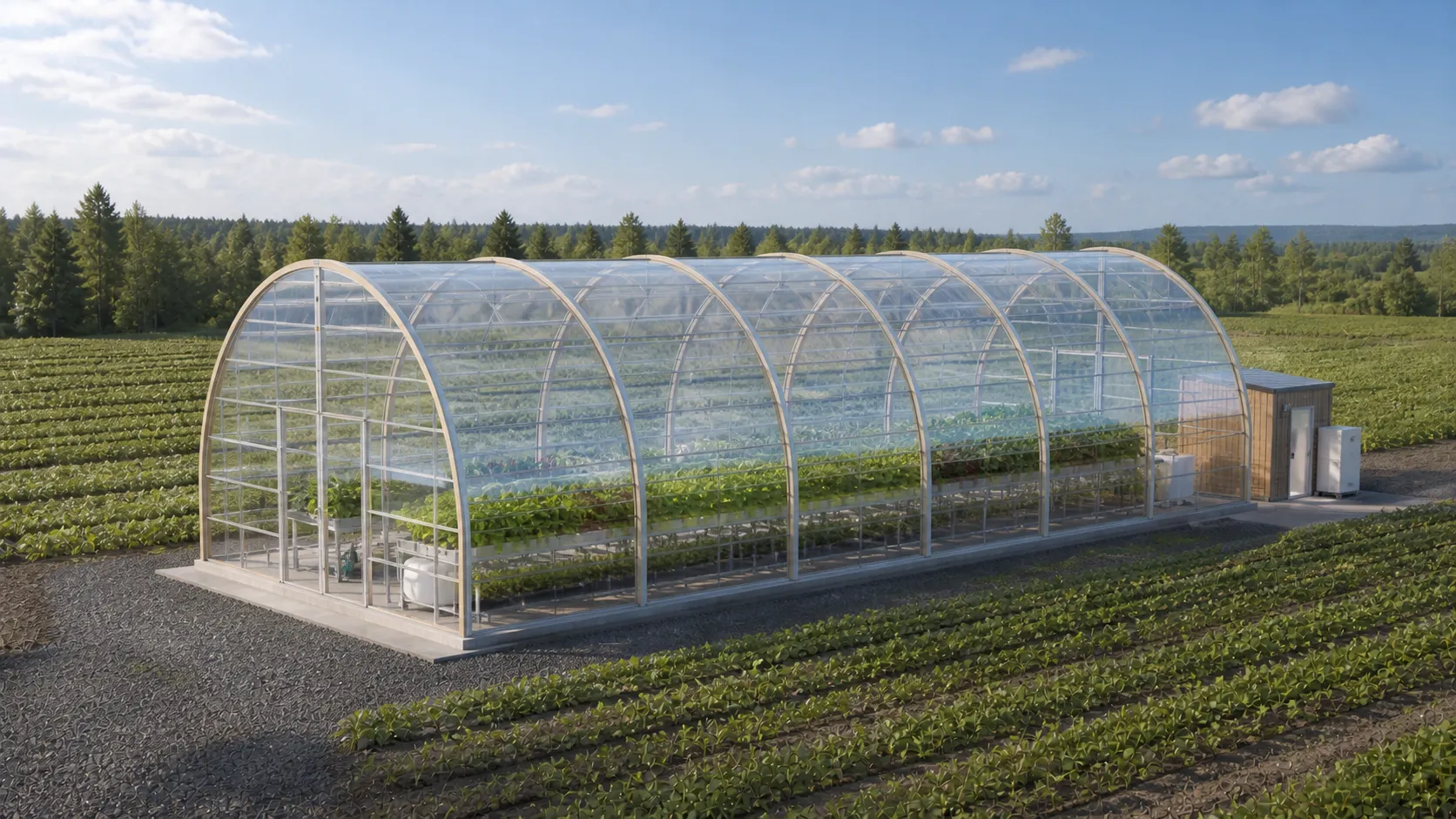 Concept de Dôme AEC orienté nord-sud avec enveloppe ETFE entièrement transparente et cultures visibles