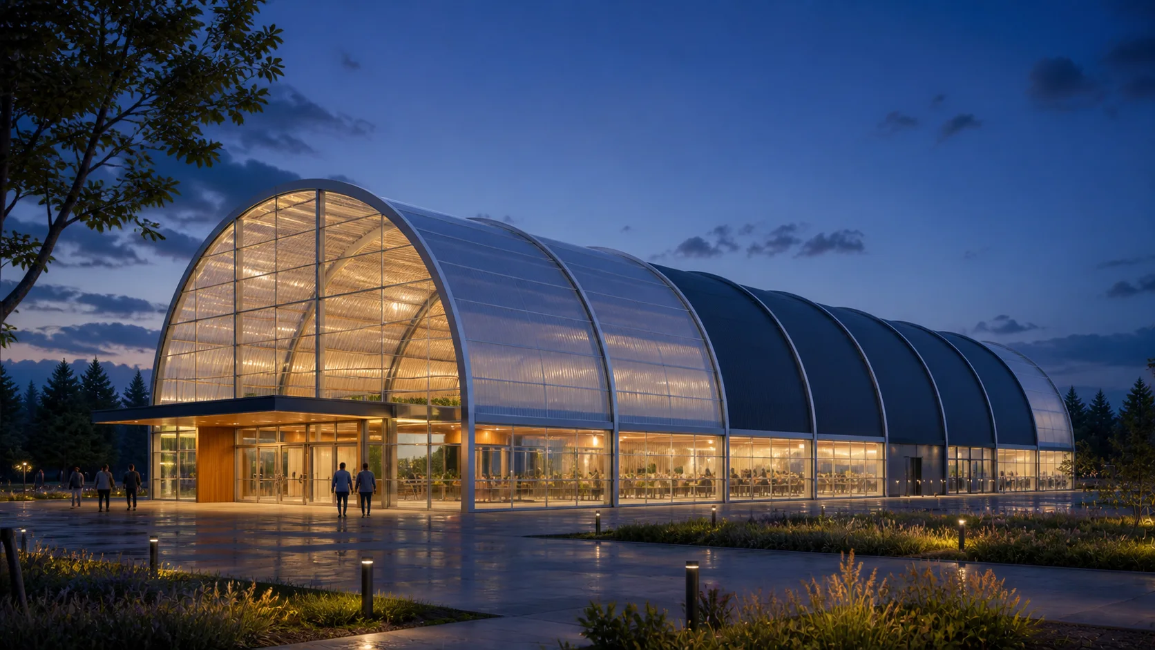 Concept de dôme événementiel mixte avec entrée transparente, sections opaques et éclairage intérieur chaleureux