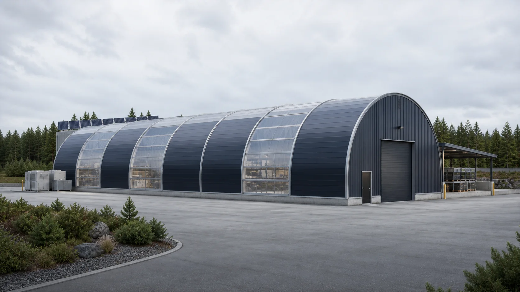 Concept de dôme industriel isolé avec bandes ETFE translucides, porte de grande hauteur et aire de service