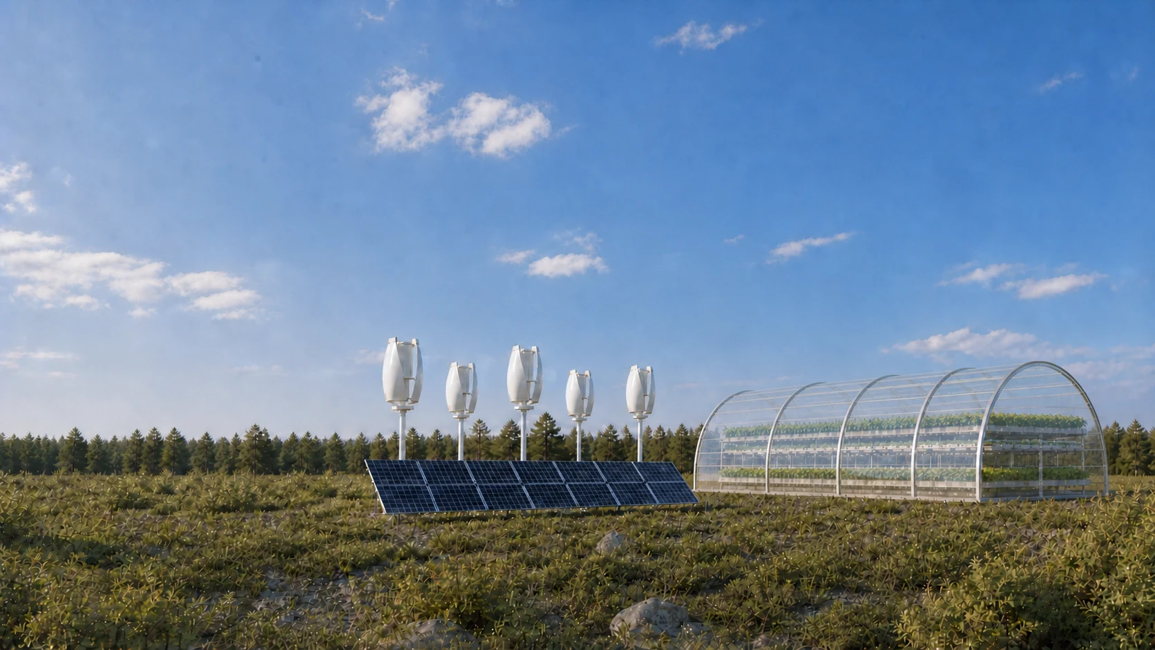 Dôme AEC avec panneaux solaires et cinq éoliennes verticales